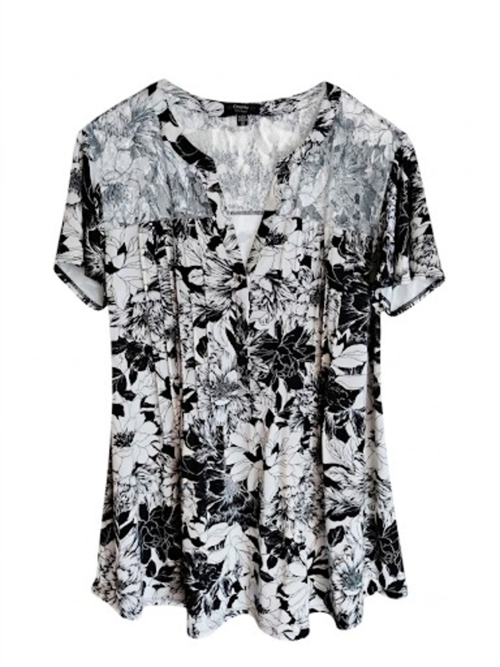 Cocomo Floral Lace Accent Black & White Blouse Pleated Tunic Size 3X